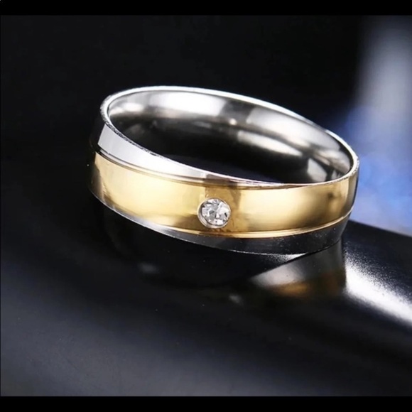 NEW Stainless Steel Wedding Band Ring Silver and Gold Cubic Zirconia Men Women - Picture 2 of 4